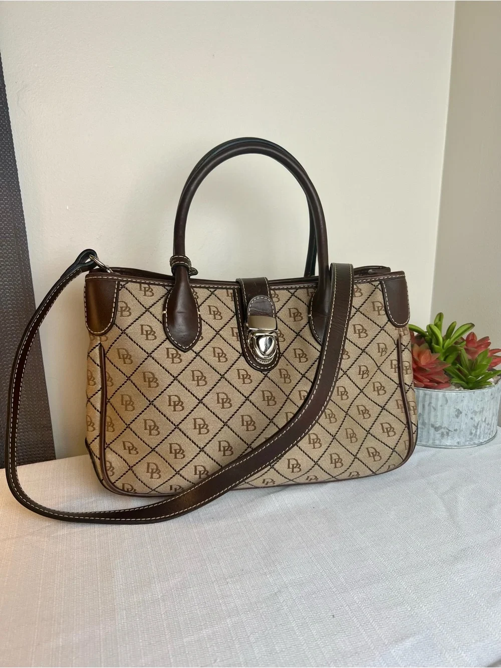 Dooney & Bourke Beige Monogram Satchel with Dark Brown Trim